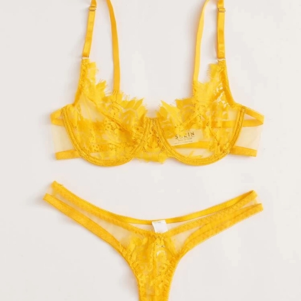 Canary yellow lace bra and thong panties
